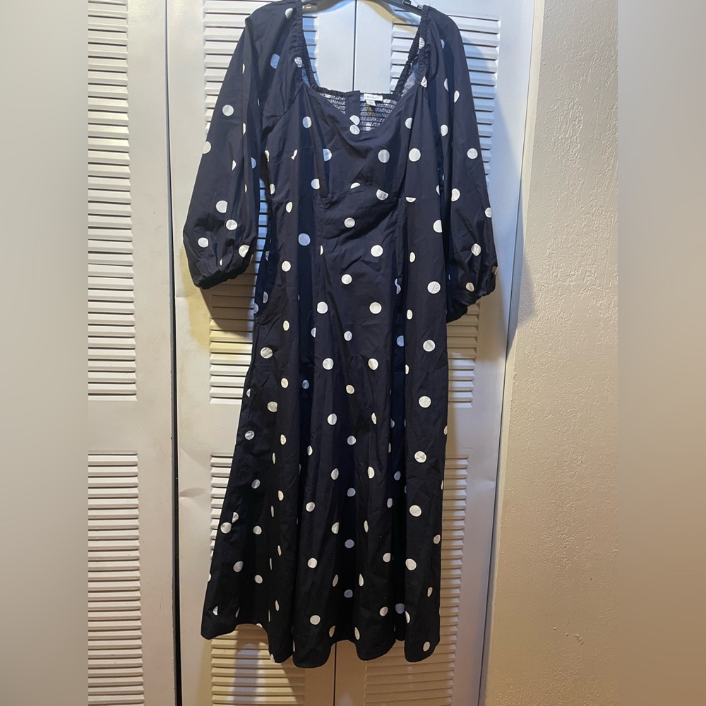Free Assembly Polka Dot Navy Puff Sleeve Dress